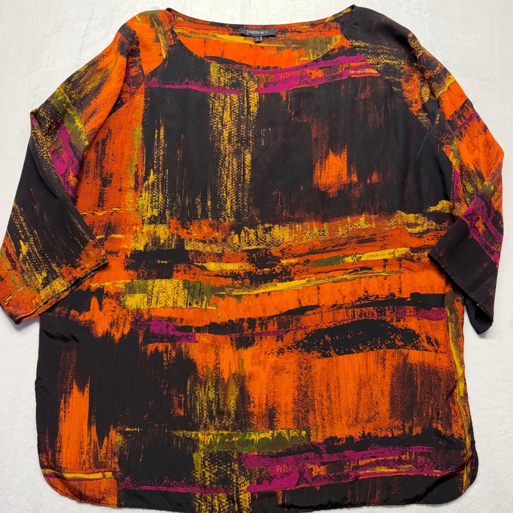 Lafayette 148 100% Silk Blouse L Orange Abstract Print Womens Tunic Top